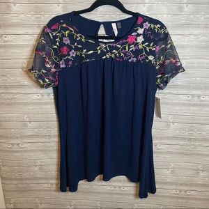🐝 NY Collection Navy Floral Sheer Chest Top NWT